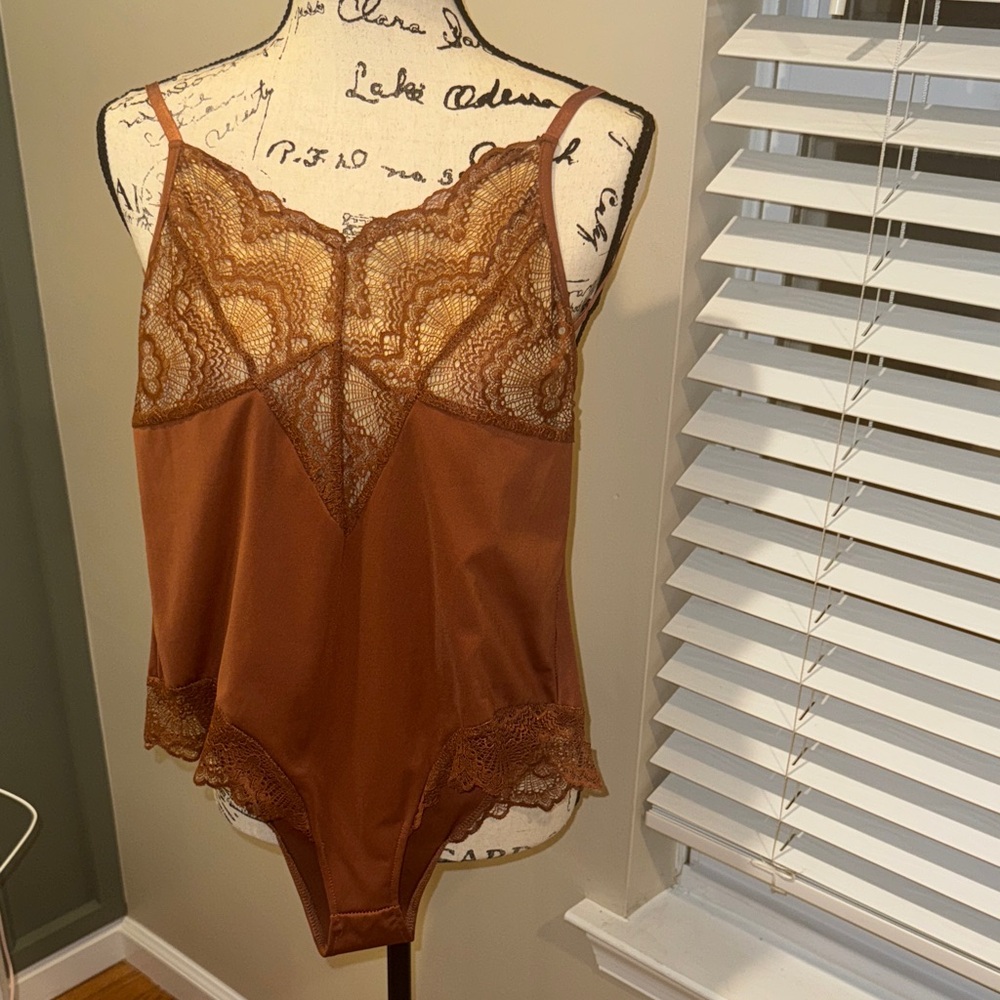 Lace Trim Satin Chemise Bodysuit in Rust